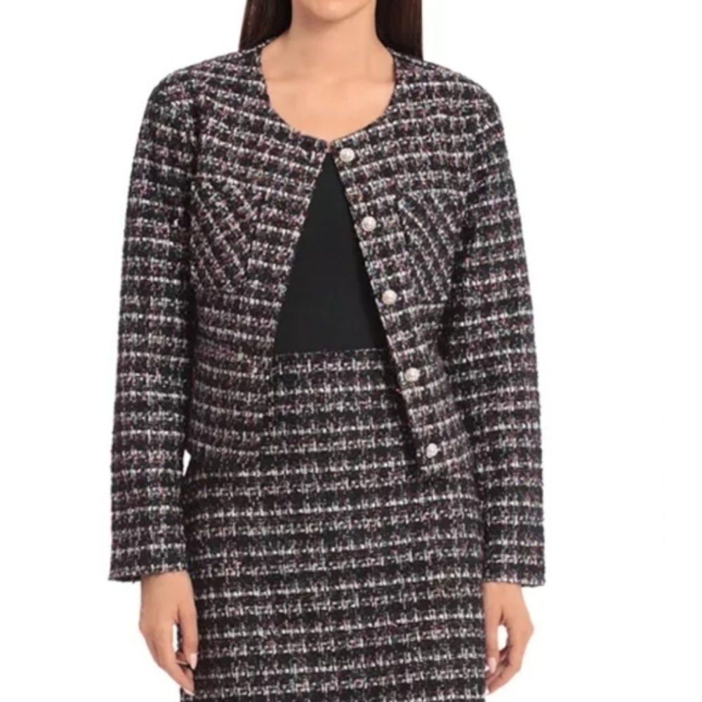 Bagatelle Colorful Tweed Pearl Buttons Metallic Pocket Blazer Jacket Large